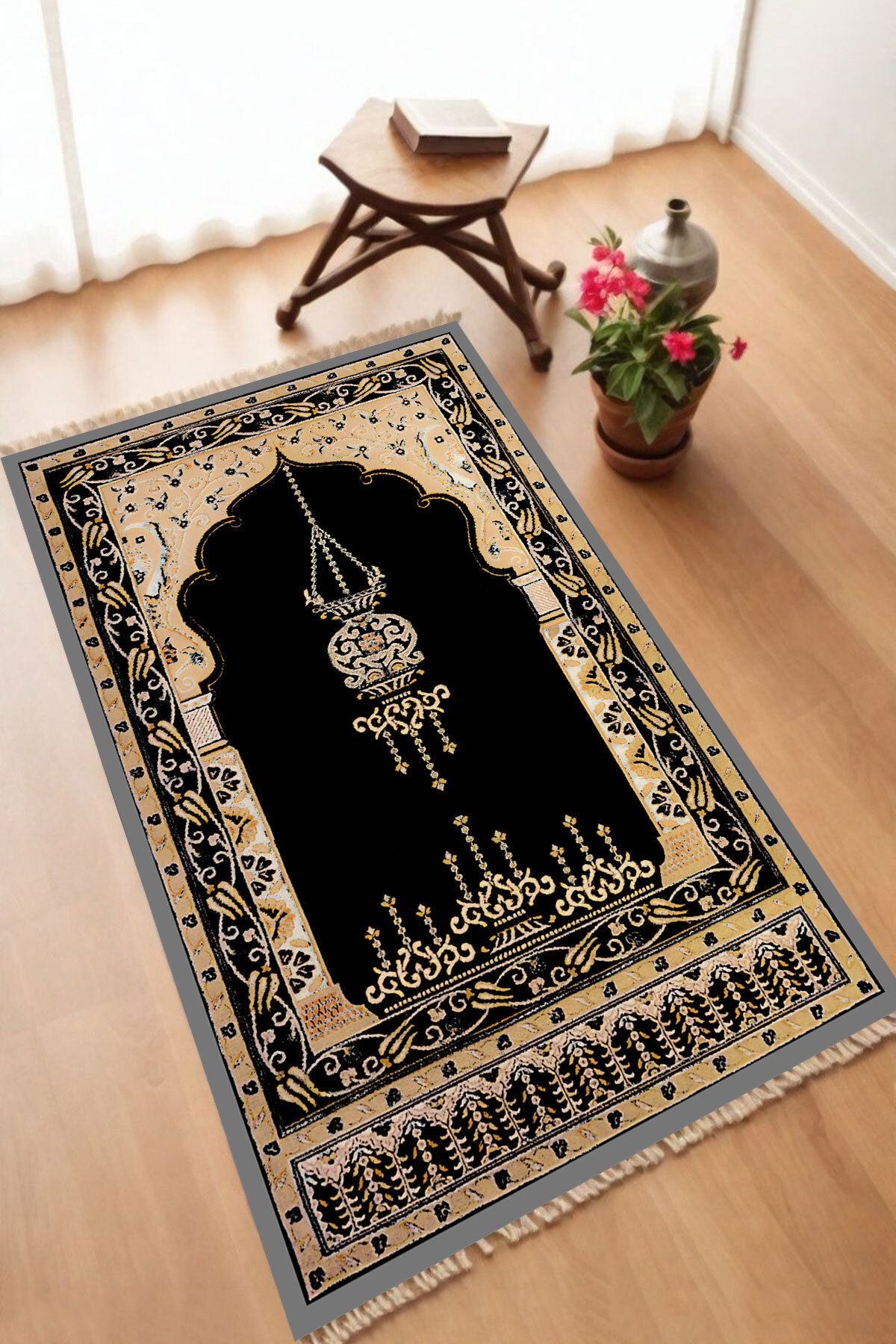 Dekoratif Dijital Baskılı Siyah Kaymaz Taban Seccade Namazlık 70 x 110