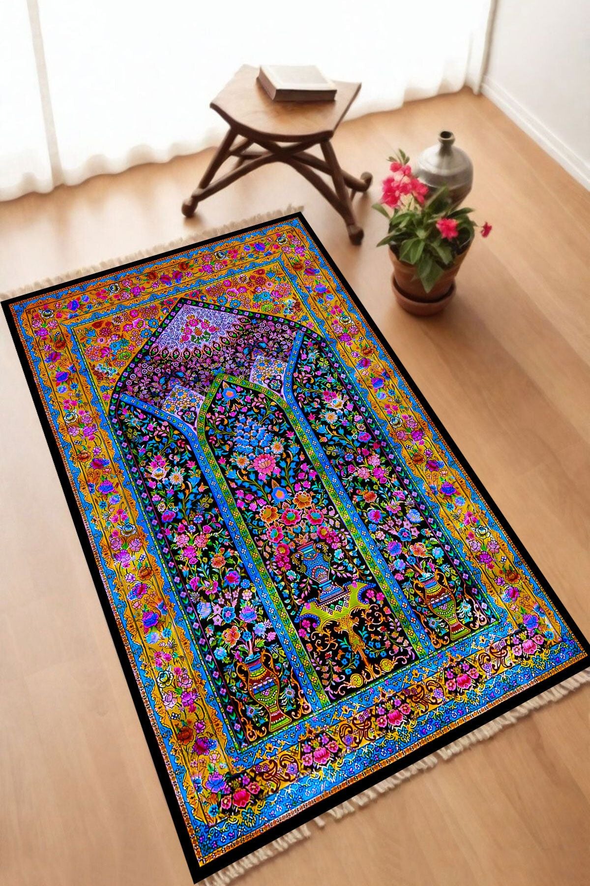 Dekoratif Dijital Baskılı Siyah Kaymaz Taban Seccade Namazlık 70 x 110