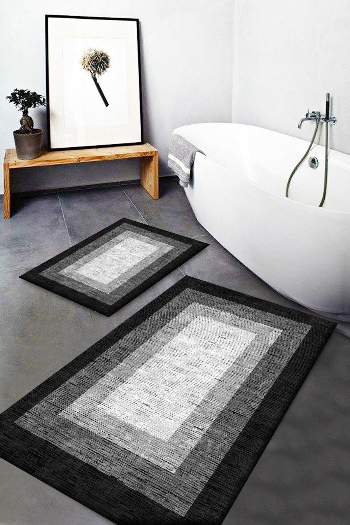 Lts Home Gri Siyah Beyaz Desenli Yıkanabilir Kaymaz Banyo Paspası 2'li Büyük 80x120 60x100