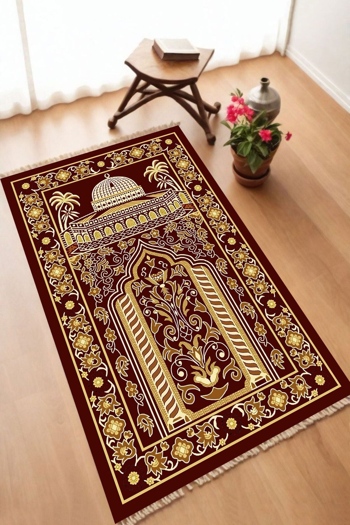 Dekoratif Dijital Baskılı Siyah Kaymaz Taban Seccade Namazlık 70 x 110