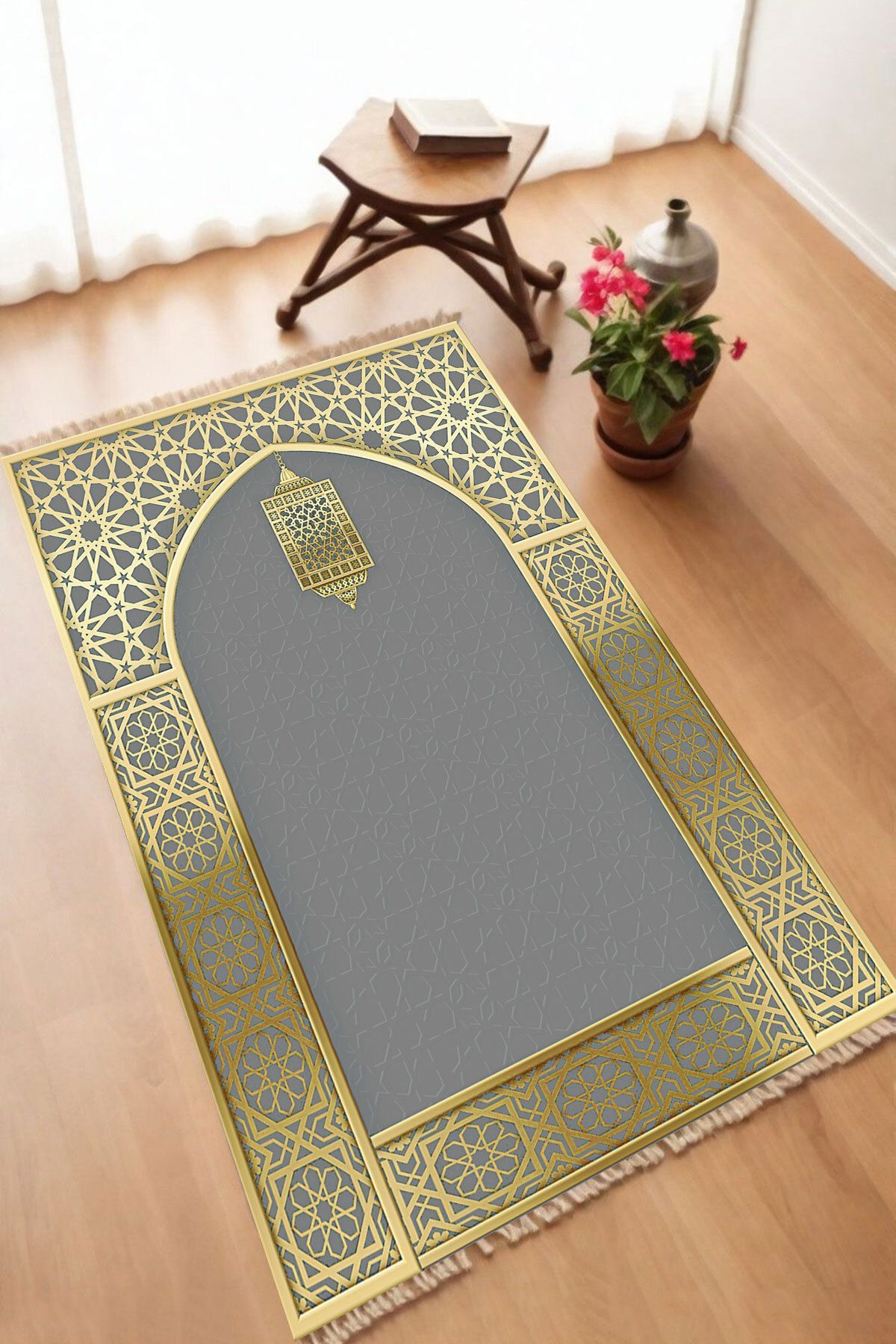 Dekoratif Dijital Baskılı Siyah Kaymaz Taban Seccade Namazlık 70 x 110