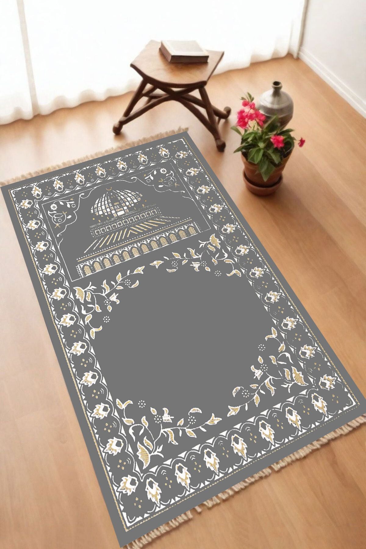 Dekoratif Dijital Baskılı Siyah Kaymaz Taban Seccade Namazlık 70 x 110
