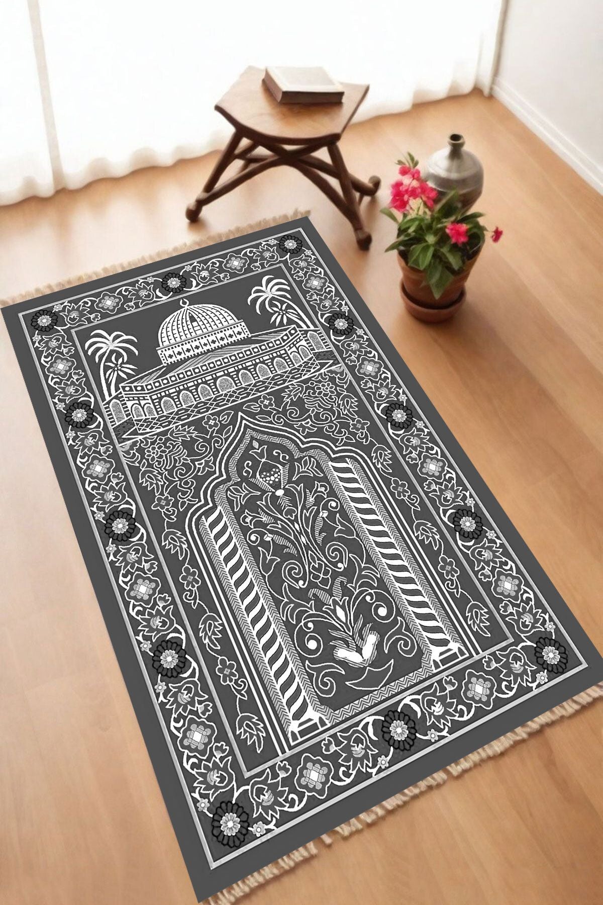 Dekoratif Dijital Baskılı Siyah Kaymaz Taban Seccade Namazlık 70 x 110