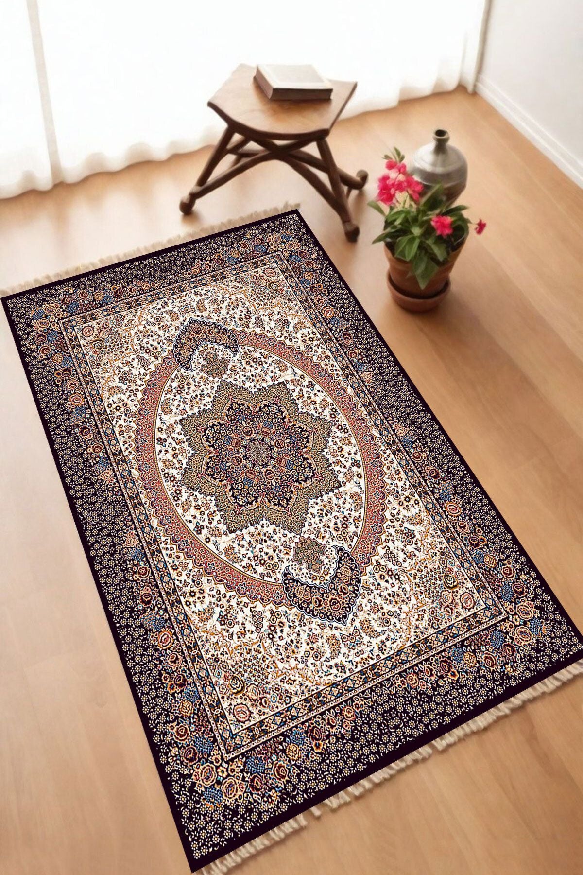 Dekoratif Dijital Baskılı Siyah Kaymaz Taban Seccade Namazlık 70 x 110