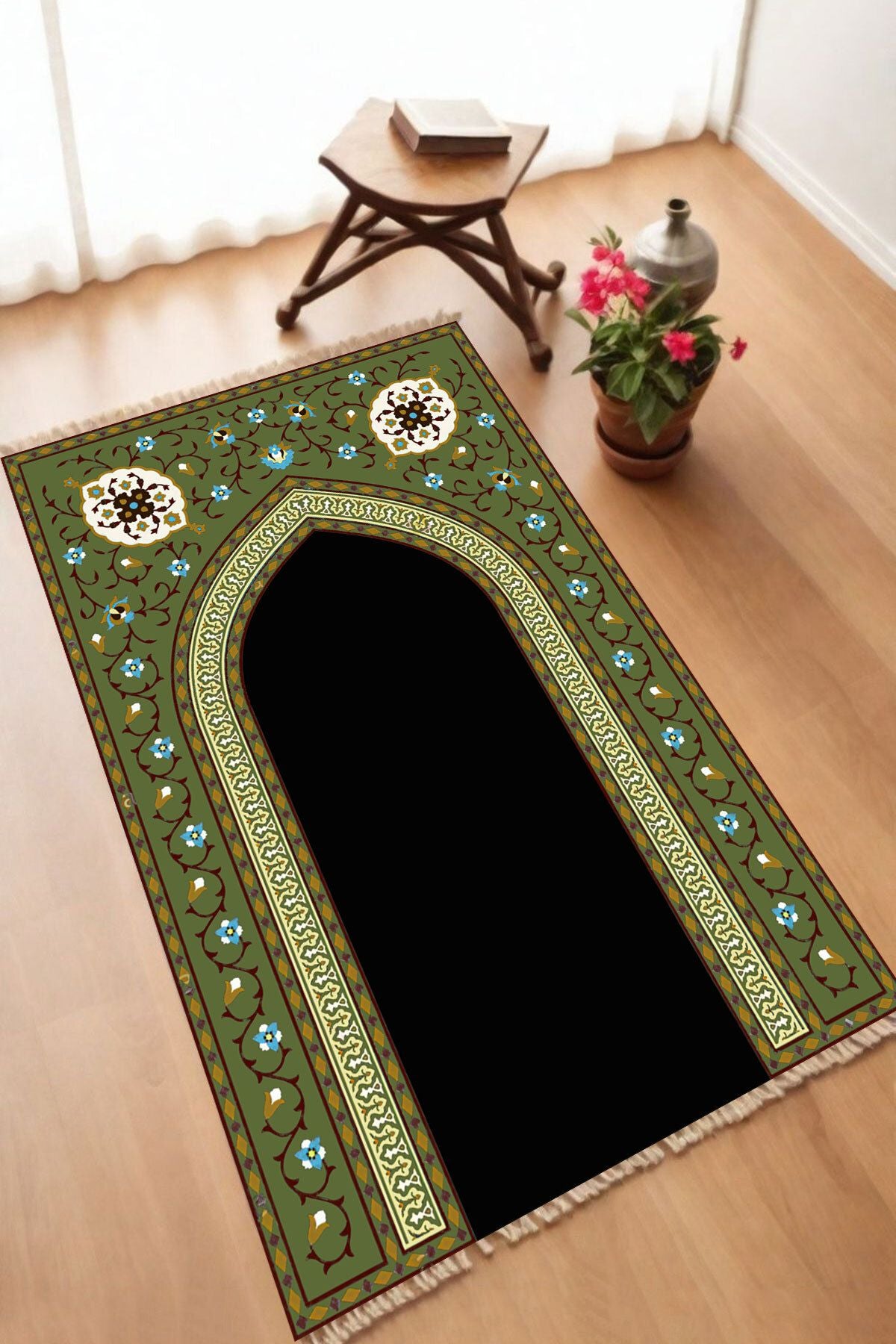 Dekoratif Dijital Baskılı Siyah Kaymaz Taban Seccade Namazlık 70 x 110