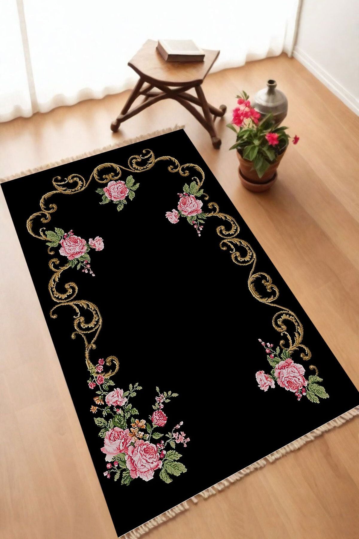 Dekoratif Dijital Baskılı Siyah Kaymaz Taban Seccade Namazlık 70 x 110