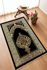 Dekoratif Dijital Baskılı Siyah Kaymaz Taban Seccade Namazlık 70 x 110