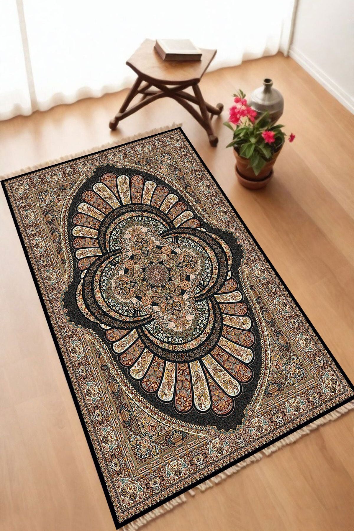 Dekoratif Dijital Baskılı Siyah Kaymaz Taban Seccade Namazlık 70 x 110
