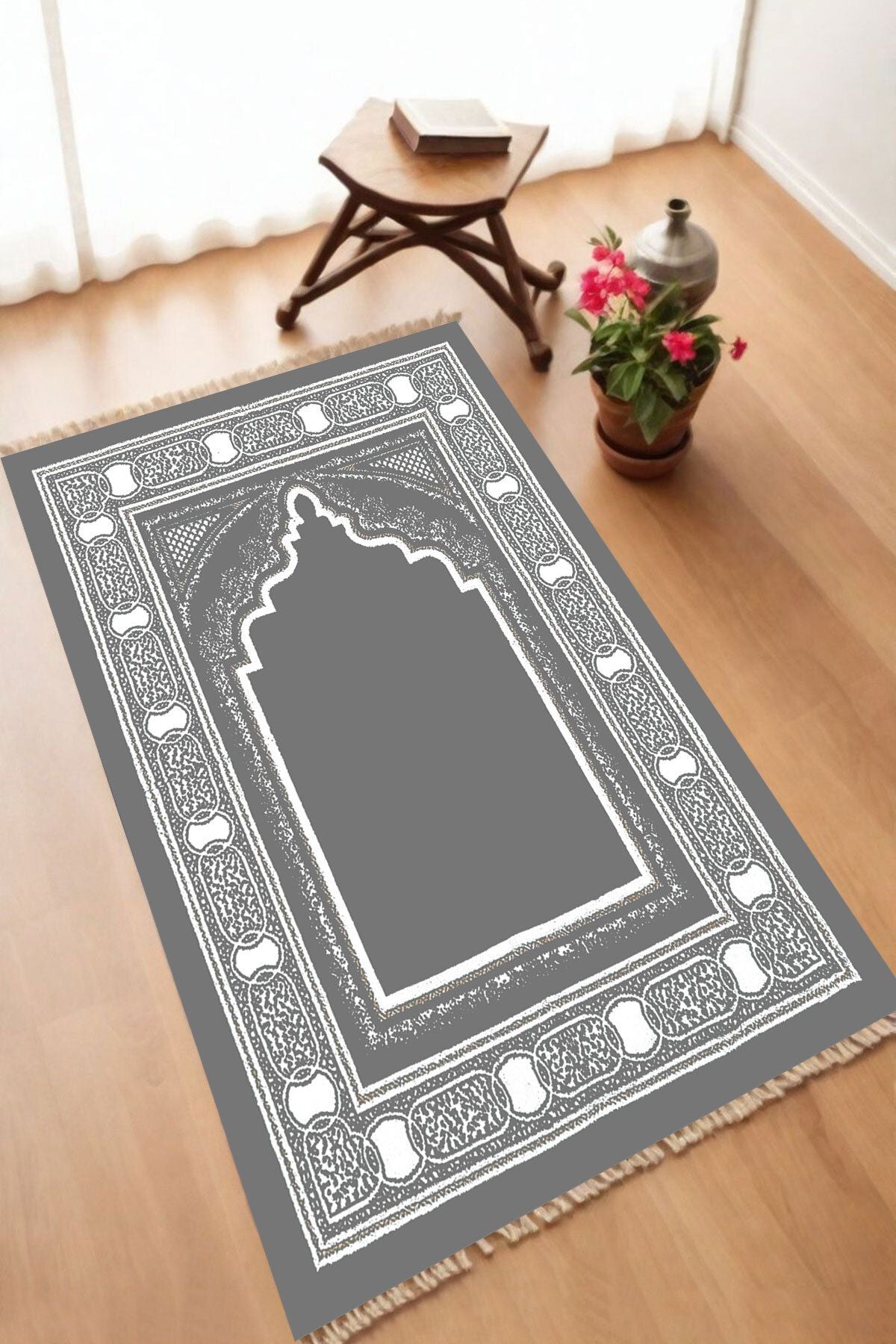 Dekoratif Dijital Baskılı Siyah Kaymaz Taban Seccade Namazlık 70 x 110