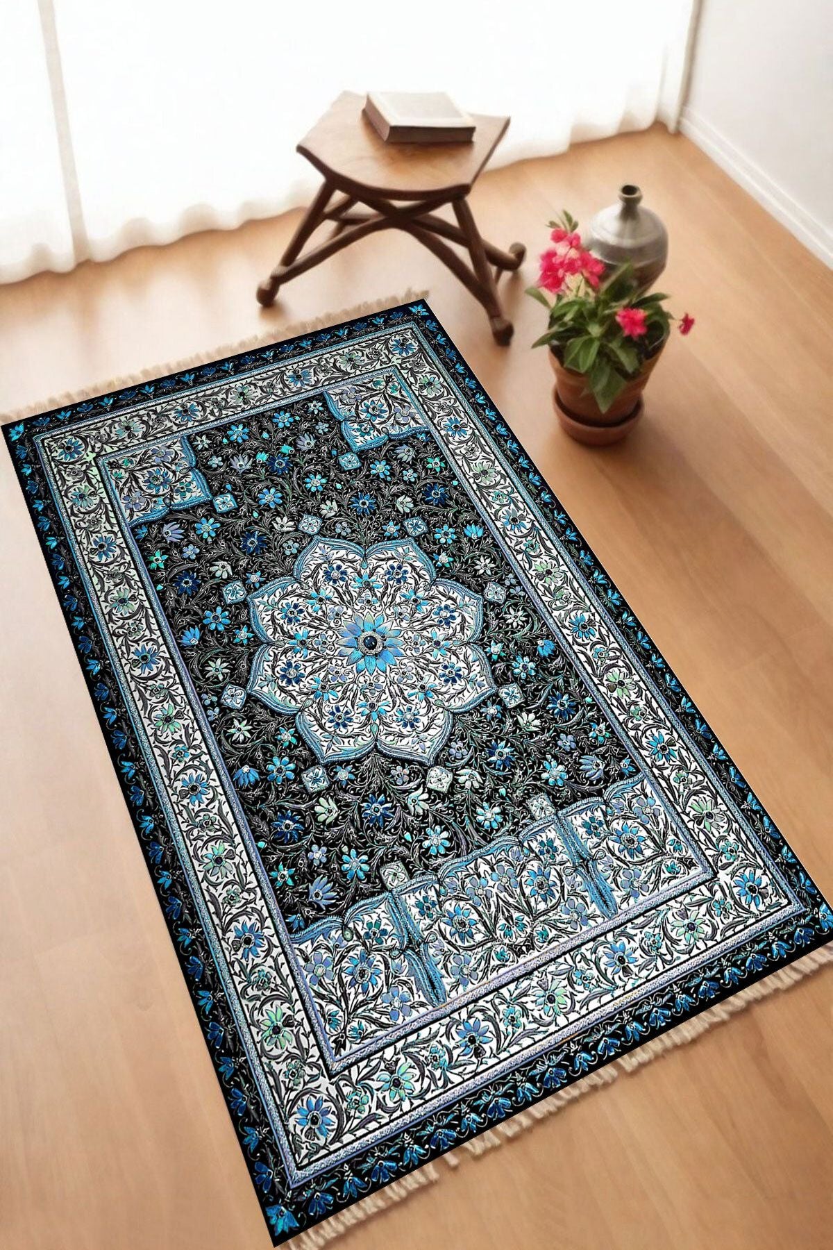 Dekoratif Dijital Baskılı Siyah Kaymaz Taban Seccade Namazlık 70 x 110