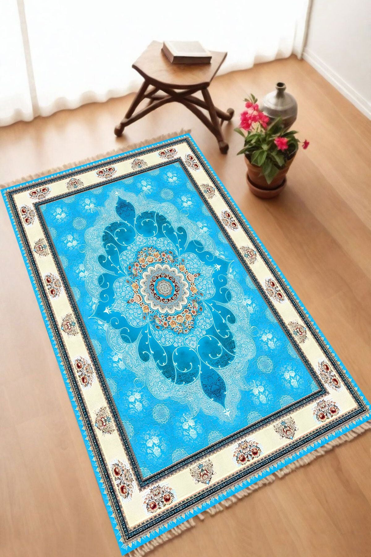 Dekoratif Dijital Baskılı Siyah Kaymaz Taban Seccade Namazlık 70 x 110
