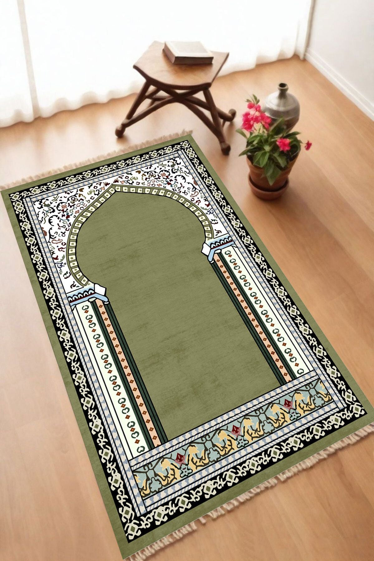 Dekoratif Dijital Baskılı Siyah Kaymaz Taban Seccade Namazlık 70 x 110
