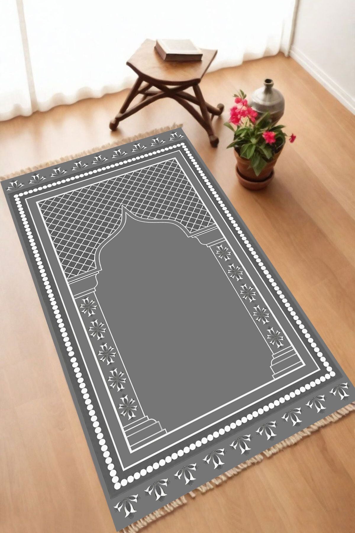 Dekoratif Dijital Baskılı Siyah Kaymaz Taban Seccade Namazlık 70 x 110