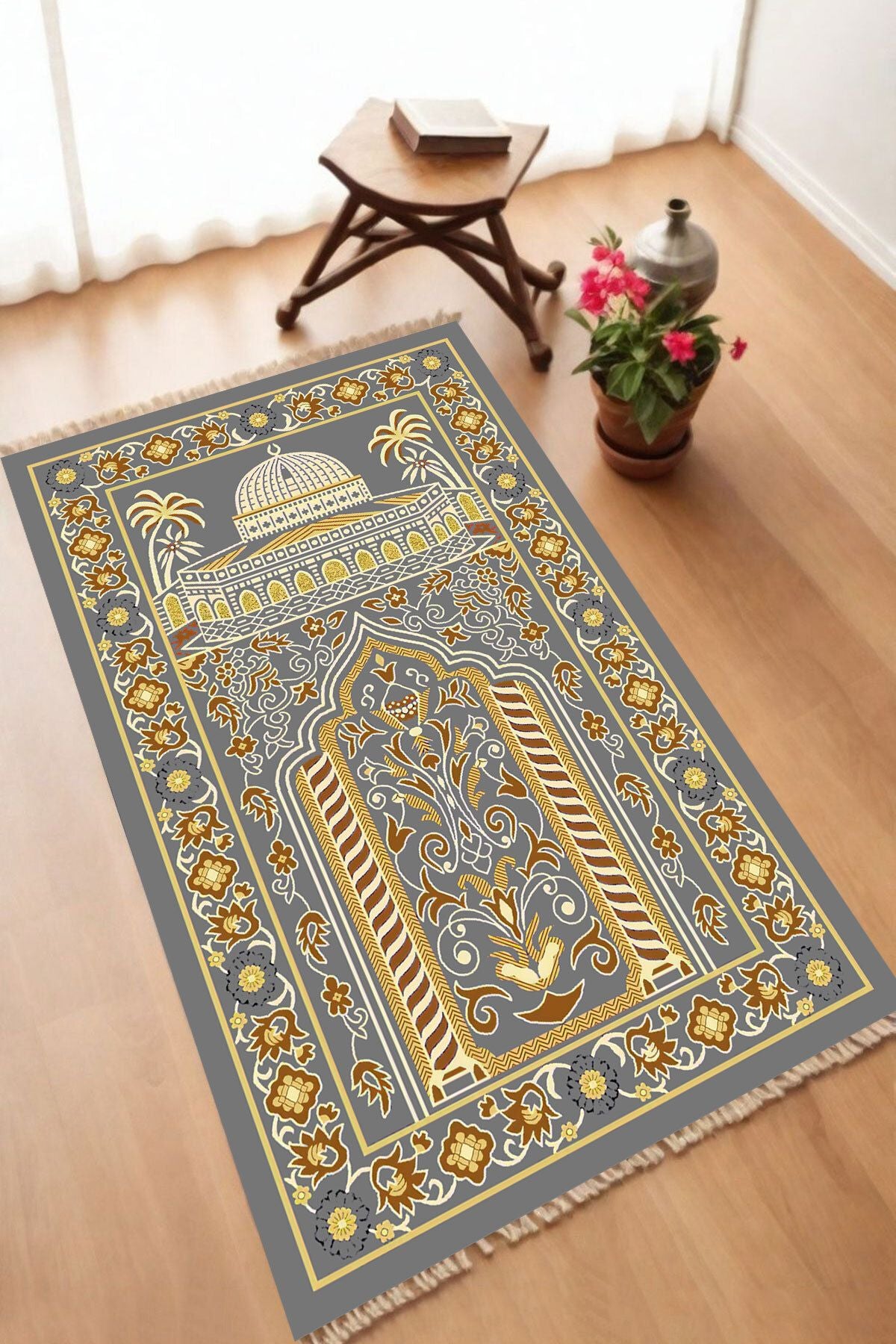 Dekoratif Dijital Baskılı Siyah Kaymaz Taban Seccade Namazlık 70 x 110