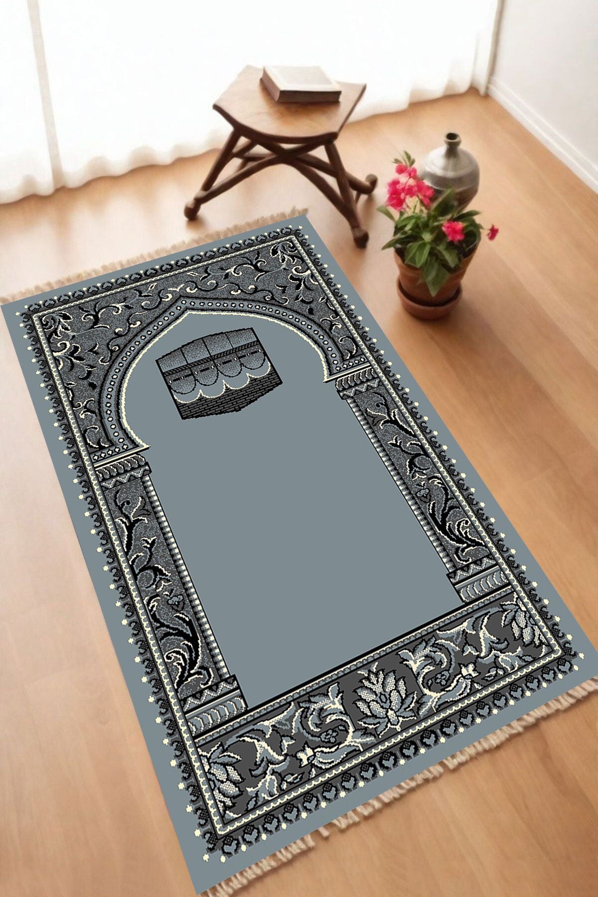 Dekoratif Dijital Baskılı Siyah Kaymaz Taban Seccade Namazlık 70 x 110