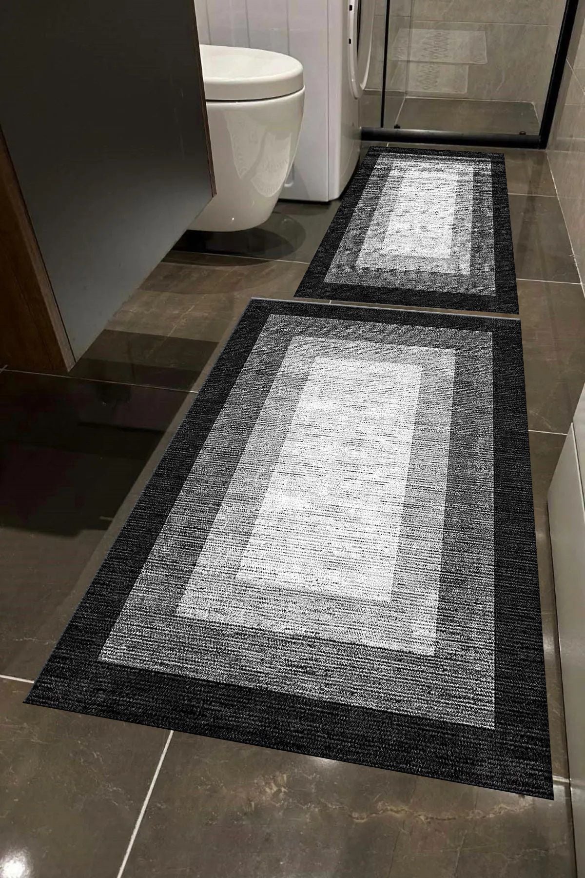 Lts Home Gri Siyah Beyaz Desenli Yıkanabilir Kaymaz Banyo Paspası 2'li Büyük 80x120 60x100