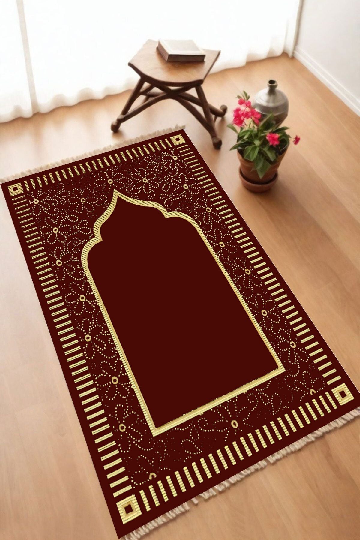 Dekoratif Dijital Baskılı Siyah Kaymaz Taban Seccade Namazlık 70 x 110
