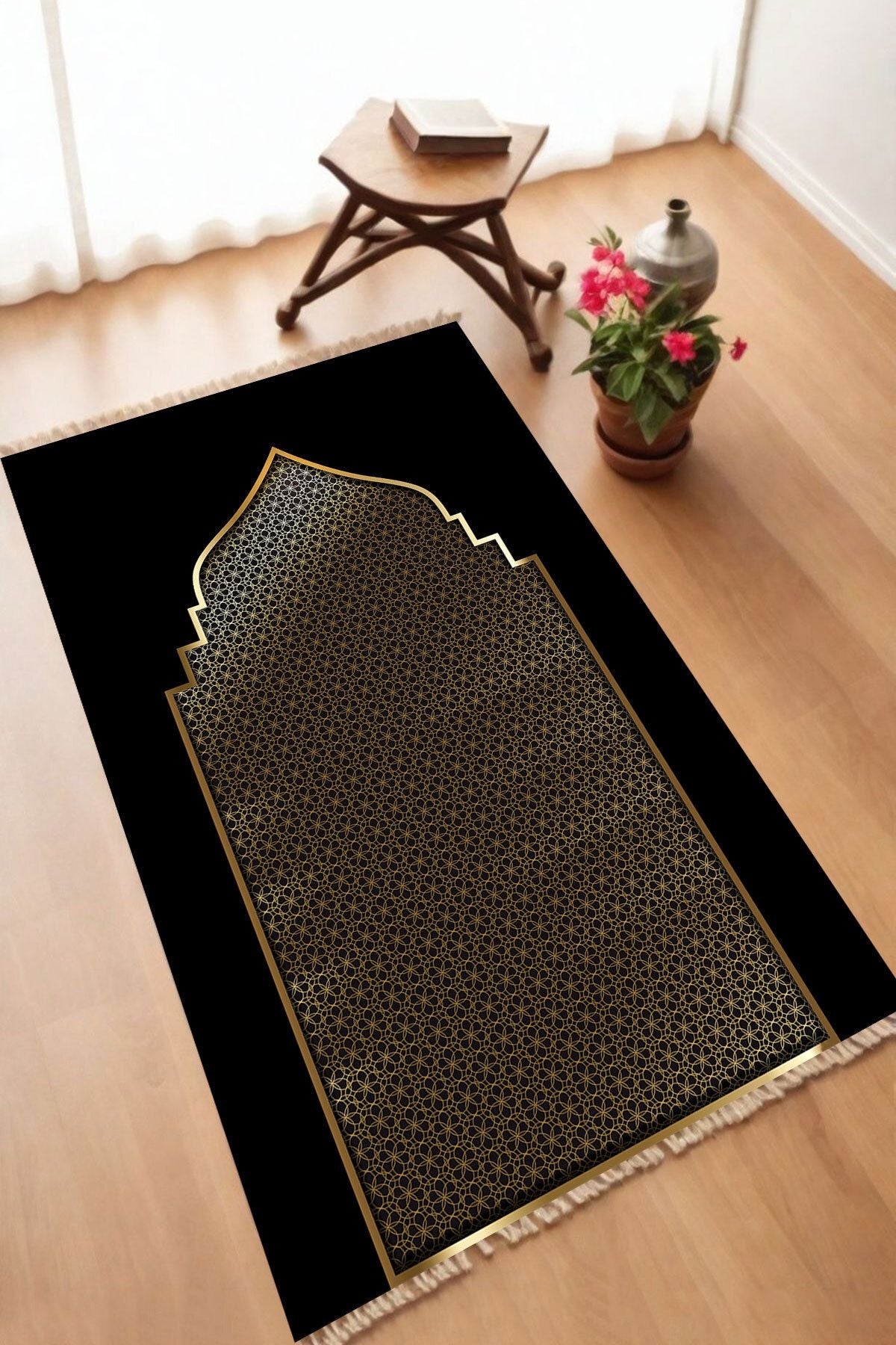 Dekoratif Dijital Baskılı Siyah Kaymaz Taban Seccade Namazlık 70 x 110