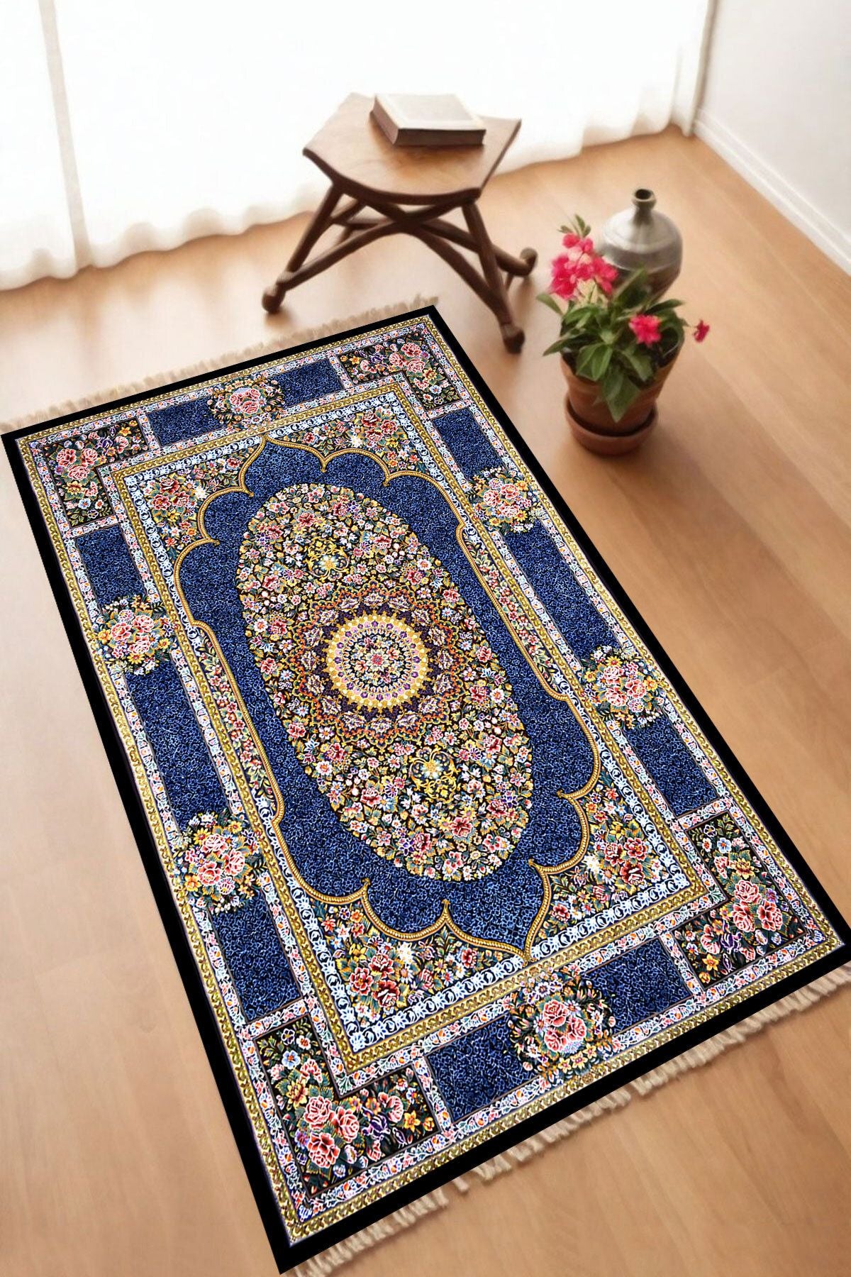 Dekoratif Dijital Baskılı Siyah Kaymaz Taban Seccade Namazlık 70 x 110