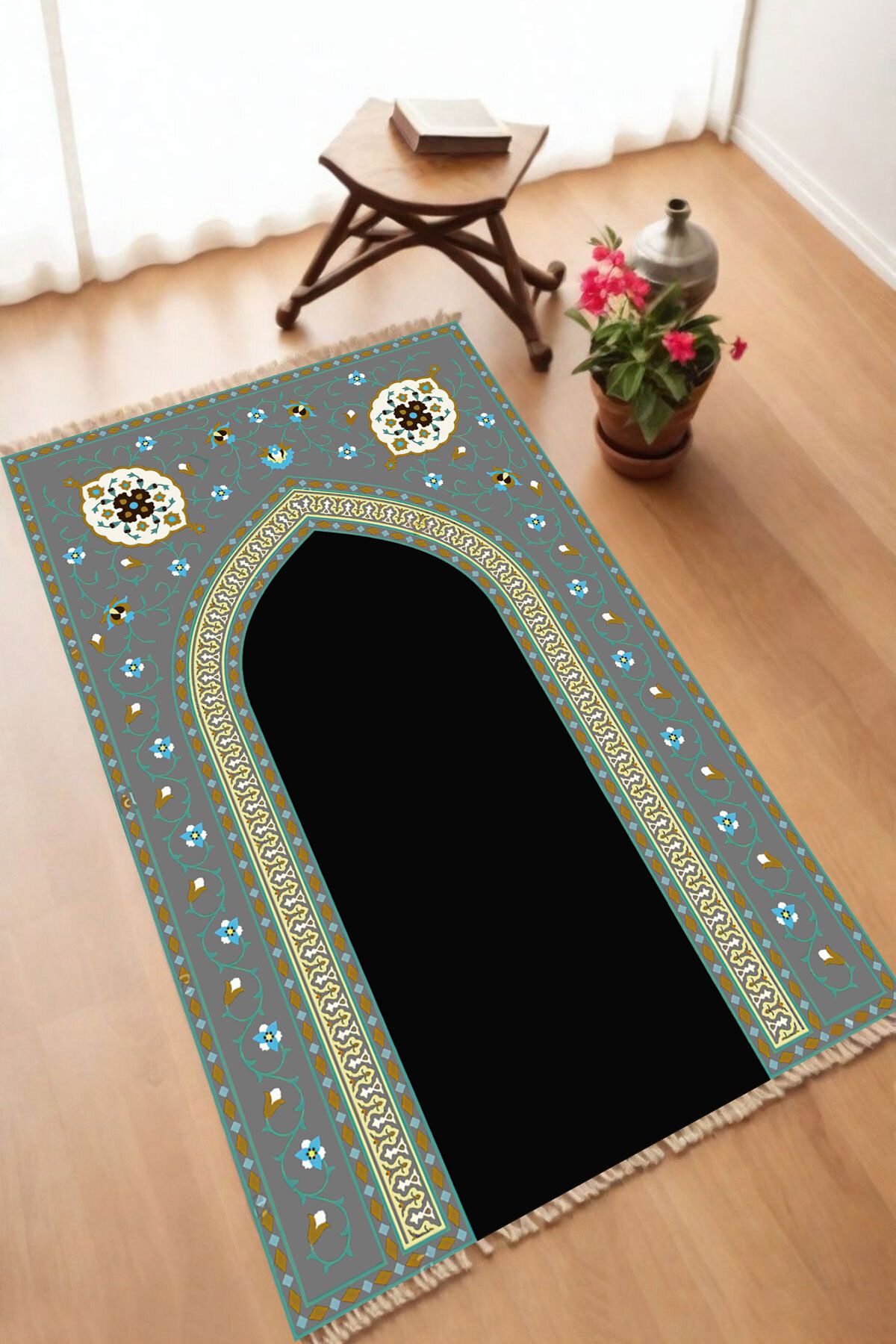 Dekoratif Dijital Baskılı Siyah Kaymaz Taban Seccade Namazlık 70 x 110