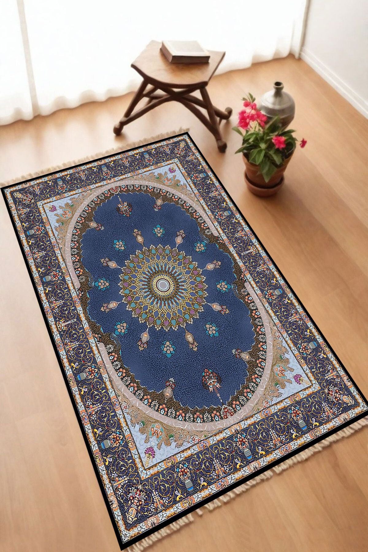 Dekoratif Dijital Baskılı Siyah Kaymaz Taban Seccade Namazlık 70 x 110